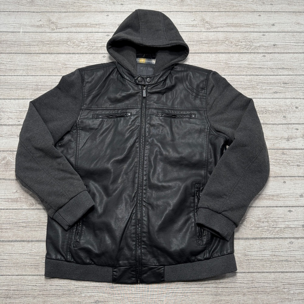 Point Zero Jacket Men's XL Black Quilted Faux Leather Plaid Flannel Hooded Biker